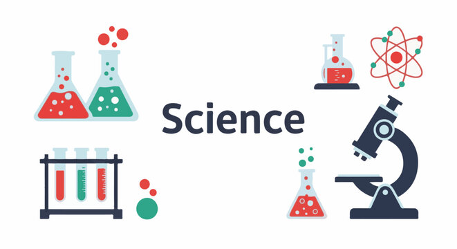 A colorful illustration of science equipment and symbols
