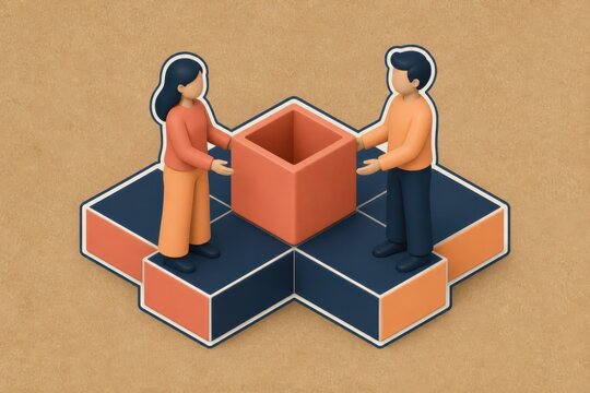 Two people arranging a 3D box on an isometric cross shaped platform illustration