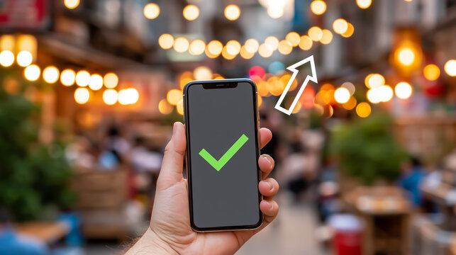 スマートフォンに表示されたチェックマークを持つ手のビジネスイメージ