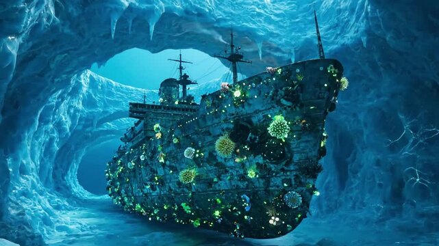 a ship covered in bioluminescent organisms navigates through an icy cave.