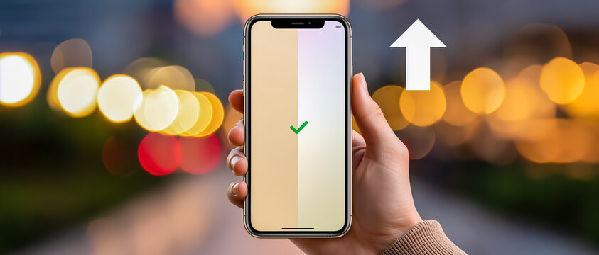 スマートフォンのチェックマークと上昇矢印で表す成功イメージ