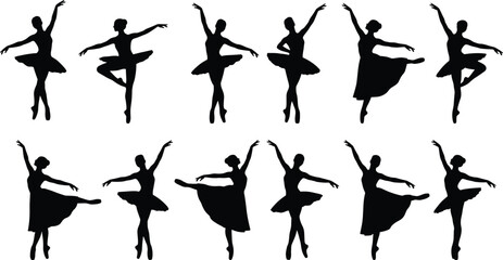 Ballet dancer silhouette vector set, ballerina dancing poses collection, grace icons isolated on white background © VectoStudio