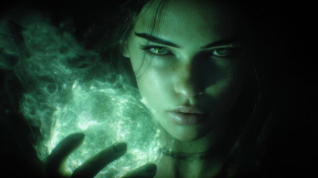 Fantasy wallpaper. A closeup portrait of a woman with striking green eyes, set against a dark, atmospheric background. She holds a glowing orb in her hand.