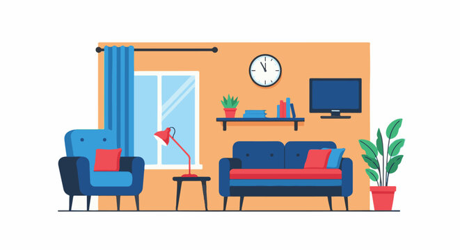 A living room interior with blue sofa and armchair