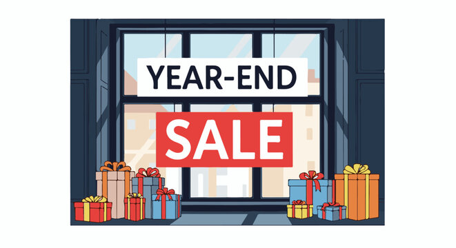 Colorful illustration of a storefront window with a year-end sale sign and gifts