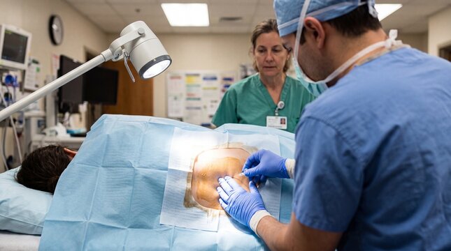 Anesthesiologist Preparing Patient Lower Back for Spinal Epidural Block Injection in Operating Room