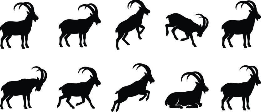 Ibex silhouette vector illustration set, wild mountain goat icons isolated on white background