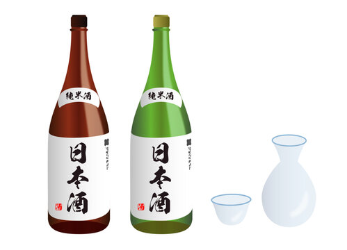 茶色と緑の一升瓶に日本酒のラベルが貼られた純米酒と徳利とおちょこが並ぶセットイラスト