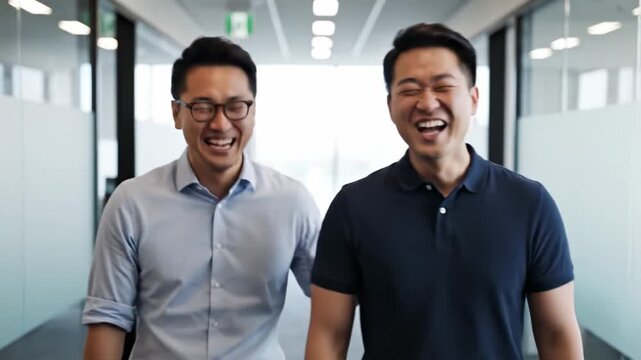 Two Asian businessmen walk and laugh in a bright office corridor. They exhibit a friendly, collaborative atmosphere. Ideal for corporate culture and teamwork content.