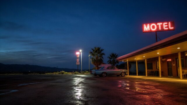 Motel with glowing neon sign at sunset. Vintage car parked outside office in roadside inn. Cinematic night landscape, lonely travel atmosphere, journey along desert highway across America