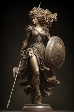 Greek mythology god Athena. Fantasy. A detailed bronze statue depicts a female warrior in a dynamic pose. She holds a spear in one hand and a round shield in the other.
