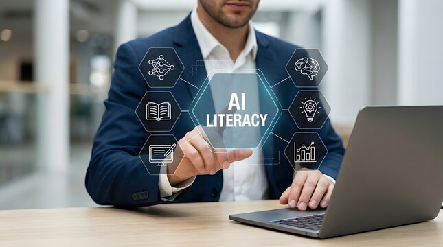 Businessman engages with a holographic interface focused on ai literacy while operating a modern laptop computer to manage complex data and innovative digital technology solutions.