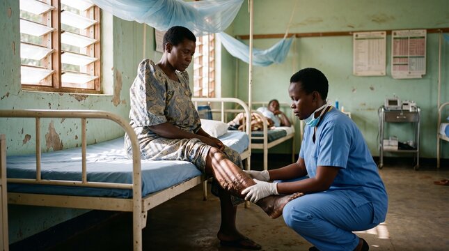 Female Nurse Examining Patient Leg with Elephantiasis Lymphatic Filariasis in Rural African Clinic