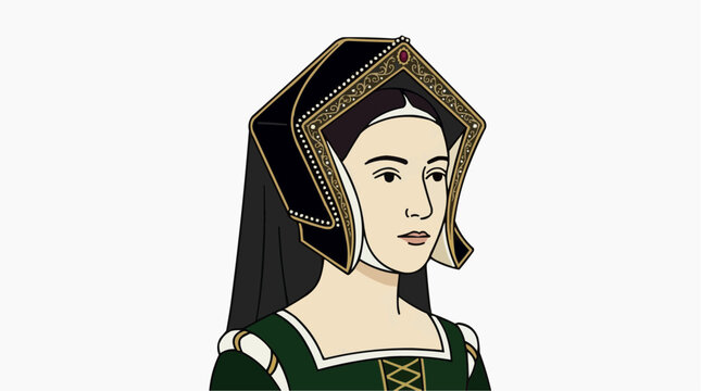 Illustration of Anne Boleyn a historical figure from Tudor England wearing a hennin headdress and green dress