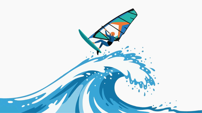 Windsurfer performing a jump on a large ocean wave with a colorful sail and blue suit against a white background