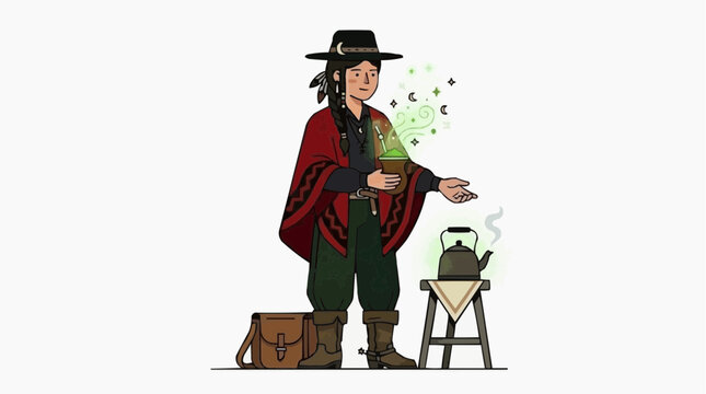 Gaucho Woman Preparing Traditional Chimarr&atilde;o with a Steaming Kettle from Southern Brazil Isolated on White Background