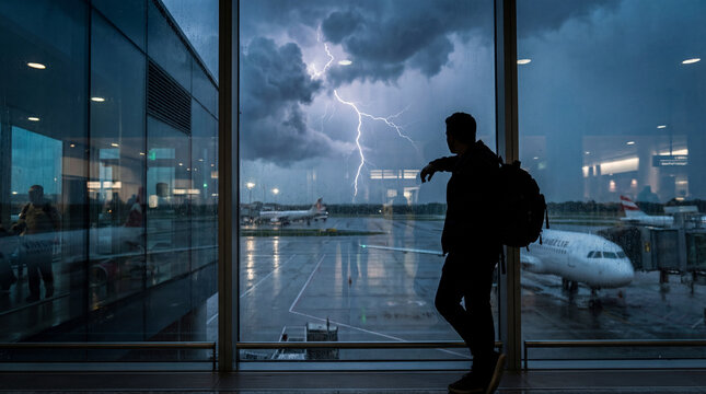 Silhouetted traveler watching lightning storm over airport runway through rain covered window showing delayed flight risk severe weather disruption terminal wait anxiety travel delay