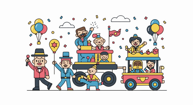 A vibrant illustration of a lively parade with people and vehicles