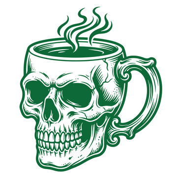 Vintage skull coffee mug with steaming hot beverage vector illustration caffeine beverage