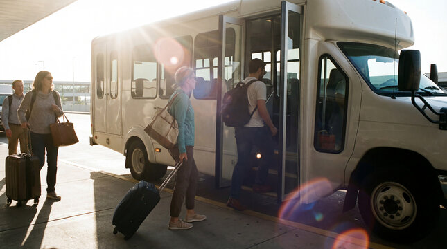 Airport passengers board shuttle bus with rolling luggage in warm sunlight for terminal transfer arrival commute vacation transport concept airport transfer public transport travel logistics story
