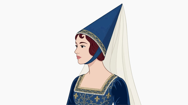 Medieval Woman Wearing a Blue Hennin Hat and Ornate Dress with Fleur de Lis Pattern