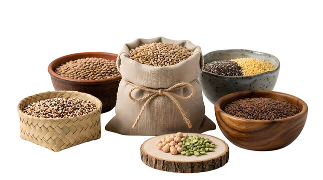 Assortment of healthy grains and seeds in bowls and burlap sack on table.