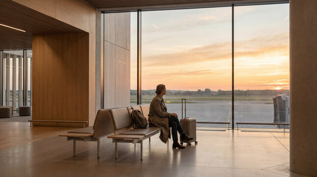 Solo woman waiting in quiet airport terminal at sunset with suitcase by window observing runway calm layover delayed flight reflective travel moment peaceful departure scene airport solitude