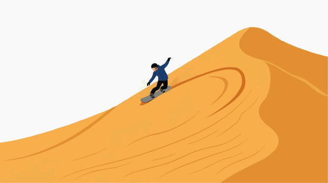 Person snowboarding down a large sand dune in a desert landscape with a white background
