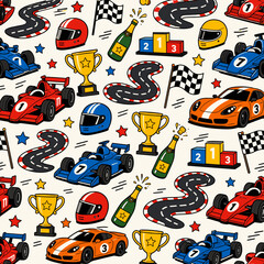 Naklejka premium Formula 1 racing theme pattern with cars, helmets, trophies, and checkered flags