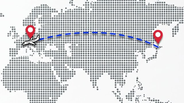 Airplane Travel Route Map Europe to Asia.