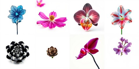 Fototapeta premium Floral arrangement showcases diverse blooms. Vivid colors, delicate petals, striking forms present botanical beauty. Minimalist composition, dark background.