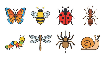Obraz premium Set of colorful cartoon insects and bugs icons including butterfly, bee, ladybug, ant, caterpillar, dragonfly, spider, and snail
