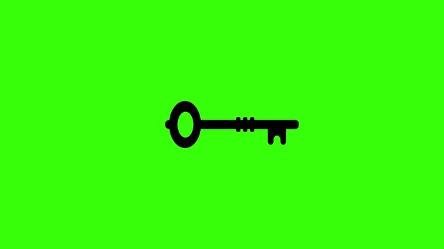 Vintage Key Icon Sliding Forward and Performing Unlocking Action on Green Screen Background