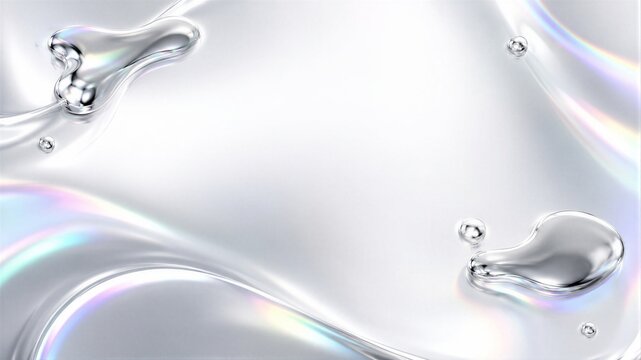 Liquid silver surface with metallic drops and iridescent light reflection. Abstract chrome background for cosmetic branding, luxury product design and futuristic tech presentation
