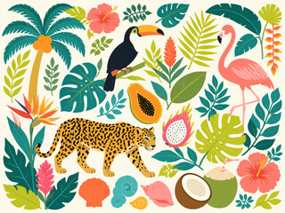 Fototapeta premium Vibrant tropical jungle scene with exotic animals, fruits, and plants