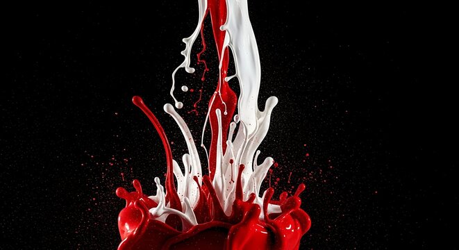 Dynamic splash of vibrant red and pure white liquid paint colliding and mixing against a stark black background, creating an abstract art form.
