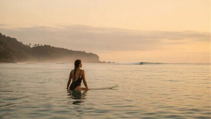 Fototapeta premium Woman surfer sitting on surfboard in ocean water during sunset. Female athlete waiting for waves at sea beach. Summer travel, lifestyle and hobby concept for active recreation sports