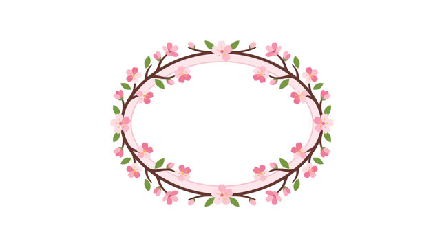 Oval floral frame with pink cherry blossoms and green leaves, spring nature border