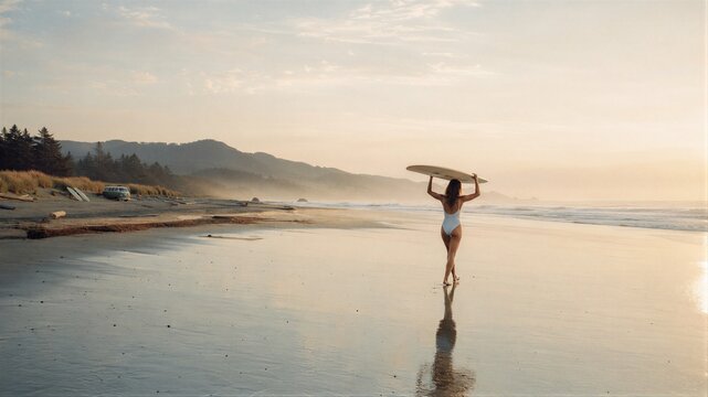 Woman surfer carrying surfboard on beach at sunrise. Girl walking along ocean shore during summer vacation. Coastal landscape with misty mountains. Peaceful water sports leisure activity