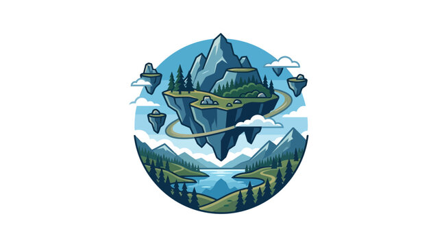 Pixel Art Floating Islands Landscape with Mountains and Lake