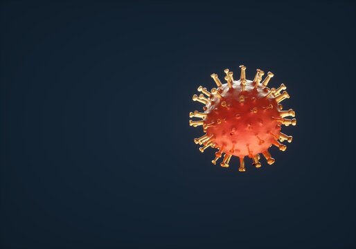 Single virus cell on dark blue background, isolated coronavirus particle, 3D render