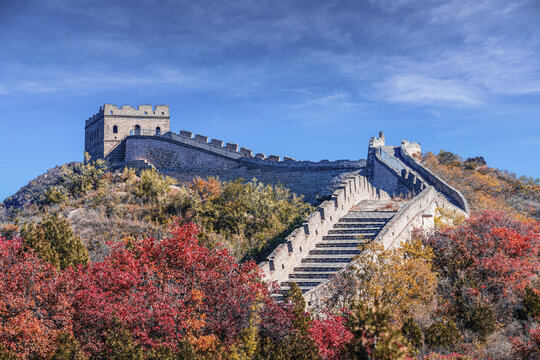 Badaling Great Wall with Autumn Foliage and Watchtower