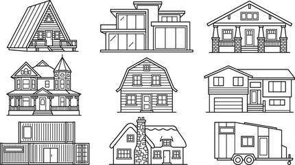 Obraz premium Modern and Traditional Residential House Collection with Architectural Building Exterior Line Art Icons for Real Estate, Construction, Property Design and Housing Projects