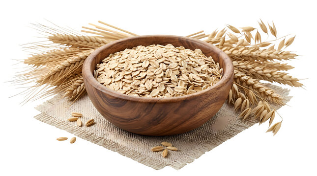 Bowl of oatmeal on burlap with wheat ears and scattered oat groats on transparent background.