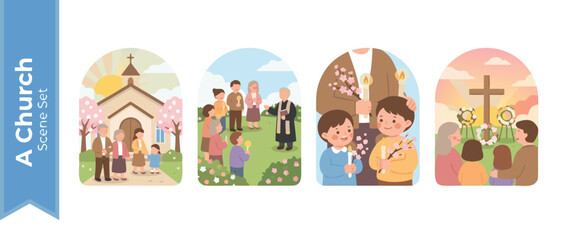 Fototapeta premium Beautiful Set of Four Vector Illustrations Capturing a Serene Church Sunrise Service with Glowing Candles and Spring Blossoms, Perfect for Easter Worship Programs and Religious Invitations.