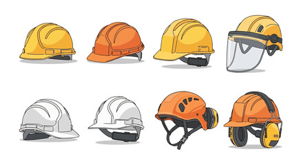 Fototapeta premium Set of construction safety helmets and ear protection gear, symbolizing workplace safety and industrial security
