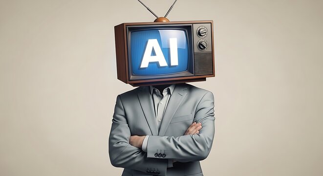 Person with vintage television head displaying AI text in neutral indoor setting