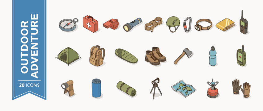 Detailed isometric vector icon set of outdoor adventure safety and gear featuring hiking equipment, camping tools, navigation instruments, and survival kits with subtle shadows and 3D design.