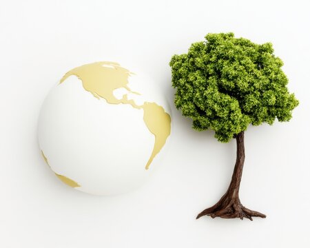 Globe Model And Miniature Green Tree Isolated On A Plain White Background For Earth Day Sustainability