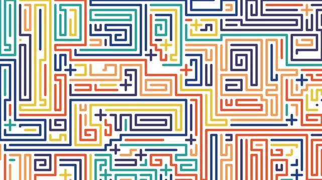Abstract Colorful Labyrinth Pattern Featuring Intricate Geometric Maze Lines and Plus Symbols for Modern Graphic Design Backgrounds